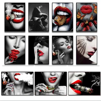 Os Lábios vermelhos de Fumar Mulher Assistir a Lona da Pintura a Queima de Dólares de Dinheiro de Cartazes e Impressão de Arte de Parede de Imagem para a Sala de Decoração de Casa