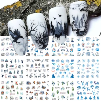 12pcs de Inverno Adesivos de Unhas Cabine Paisagem Veado Urso Pássaro, Árvore, Animal, Água, Barras Branca de Neve Adesivos de Unhas de Arte, Decorações de SABN