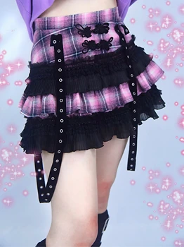 Projeto Original do Punk Japonês Preto cor-de-Rosa Xadrez saia do Laço de Fita multi camadas lolita Kawaii quente e doce meninas sexy mini bolo saia