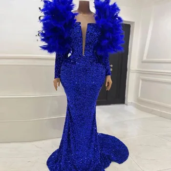 Azul Royal Sereia Vestidos de Baile com Penas de Mangas compridas árabe Africano Vestido de Festa de Casamento Vestidos de Noiva Aso Ebi Estilo de 2022