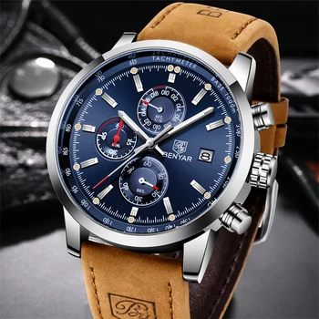 NOVOS Relógios de homens de BENYAR Design de Marca Top de Quartzo, Moda Couro Azul Assista Reloj Hombre Esporte Impermeável Relógio Masculino 2020