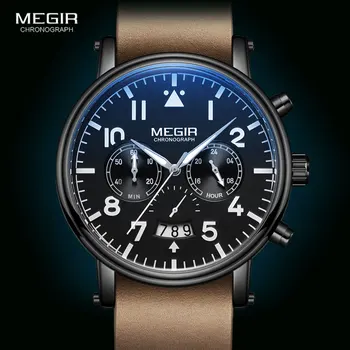 Megir Moda de Couro Marrom Relógios para Homens Cronógrafo de Quartzo relógio de Pulso de Homem Luminoso Casual Cool Relógio Relógio Masculino Reloj