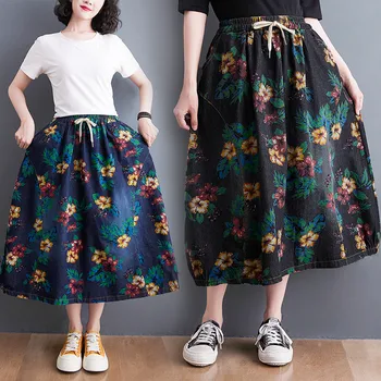 O coreano 2021 Verão de Impressão Nova Saia Jeans Feminina Retro Solto e Casual Selvagem Slim Mulheres Midi, Saias Jeans Mujer Faldas zh968