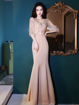 Cor-De-Rosa Sereia Vestidos De 2022 Elegante V-Pescoço Luxo Apliques De Spandex De Cetim Longo De Mulheres De Baile, Vestidos Com Mangas