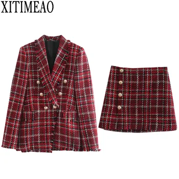 Xitimeao Mulheres de Outono Inverno Novo Tweed Vintage de Duas peças de Saia Ternos Conjuntos de Botões do Casaco E Saia de Uma linha Define Elegante Moda