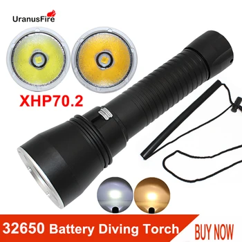 LED Mergulho Lanterna Potente XHP70.2 Chip amarelo/branco Luz 4000lm Tocha Subaquática 100m Impermeável Mergulho Lanternas 32650