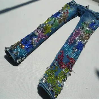 primavera, outono, moda de Nova Chegada Mulheres jeans Diamante de Cristal Frisado Diamante skinny jeans lápis