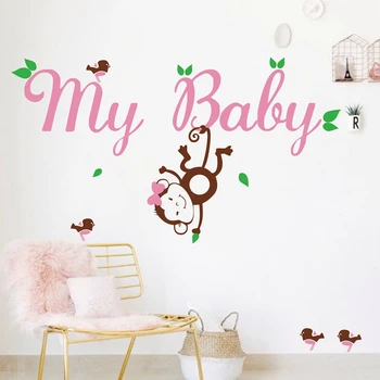Bonito feito a mão Personalizada Aves Macaco Com Personalized baby girl Nome de vinil adesivos de parede decal para bebê menina viveiro de parede decoração