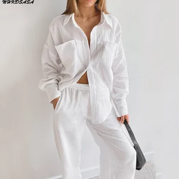 Branco Pijamas Para Mulheres De Algodão De Manga Longa 2 Conjuntos De Peças De Pijamas Feminino Casual Terninhos Sólido 2022 Outono Inverno Sleepwear