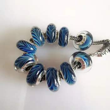 Prata 925 Esterlina de Faixa Azul Murano Glass Beads Ajuste Original Pulseira de Vidro Lampwork Miçangas para Fazer Jóias DIY Esferas