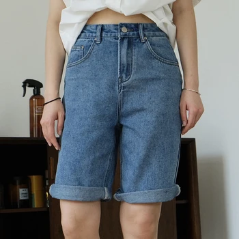 Verão de mulheres casual cor sólida cintura alta solta short jeans
