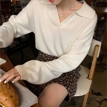 Pulôver Mulheres Sólido Vintage Elegante Solta Faculdade de Lazer Simples de Moda de Todos-jogo Estilo coreano Feminino Camisola Quente e Confortável