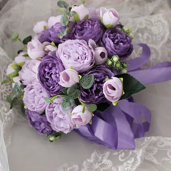 Flores artificiais Roxo Poney Buquê da Noiva Cor da Mistura de Casamento Glamoroso Boquet Sposa