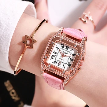 Moda das Mulheres Relógios de Ouro de Rosa do Bracelete do conjunto de Senhoras Relógio de Presente Casual de Couro de Quartzo relógio de Pulso Relógio de Cristal de Relógio Feminino