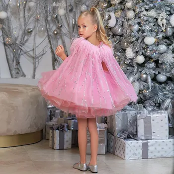 Vestido de baile cor-de-Rosa da Menina de Organza Vestidos de Festa Puffy Camadas de Saia de Aniversário da Menina de Vestido de Festa de Natal, Vestido com capa
