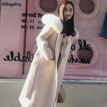Lã de Misturas de Mulheres com Peles de Médio-longo com Capuz Estilo Quente Elegante, Slim-fit All-correspondência Outwear Estilo coreano Alunos das Mulheres Elegantes