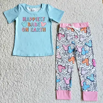 Boutique do bebê roupa de céu azul desenhos animados de curta top de manga longa calça bonito atacado crianças conjuntos de vestuário 2021
