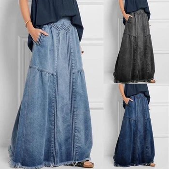Mulheres de Saia Jeans Meados de cintura Elegante Saia Longa 2021 Marca de Moda Lavado Azul de Algodão Casual, Saia Jeans Shopping Saia de Meninas
