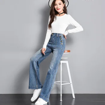Botões Em Linha Reta Solta Cintura Alta Slim Fit Calças Flare Jeans Coreano Moda Comprimento Total Calças De Qualidade Superior Calças Jeans