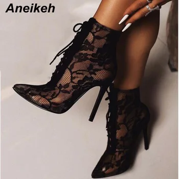 Aneikeh Preto de Malha, Botas femininas de Moda Dedo Apontado Lace-up Saltos Altos Mulheres Transparente Ankle Boots Feminina Sandálias Bombas de Vestido