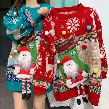 2022 Outono-Inverno de Natal, Papai Noel Mulheres de Camisola Solta coreano Moda Kawaii Manga Longa Oversize Pulôver de Malha Jumper
