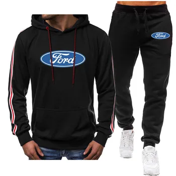 NOVA Primavera, outono de algodão tendência dos Homens de capuz terno carro Ford impressão de logotipo de Hip hop de rua de moda Casual de 2 peças de conjunto (de Capuz + calça）
