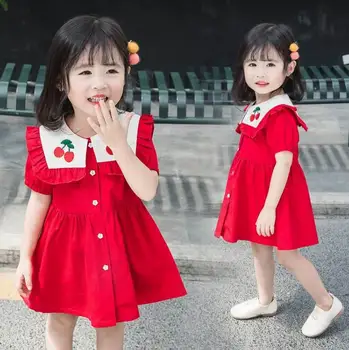 Cherry Baby Girl Dress 2020 Verão Marinheiro Gola Vermelha de Manga Curta Vestido de Roupas de Crianças 2-6Y LT021