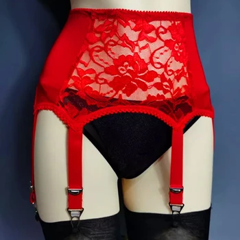 Vintage Red Lace cinta-Liga com 6 Tiras de Ocos de Metal Clipe Sexy de Suspender a Correia para as Mulheres, as Meias de Lingerie