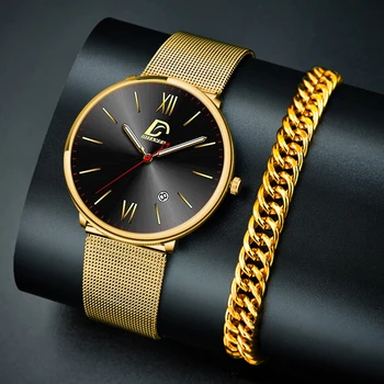 Homens Relógios de Luxo Malha de Aço Inoxidável Correia de Quartzo Relógios de pulso dos Homens Calendário de Ouro Luminoso Pulseira de Relógio Conjunto de montre homme