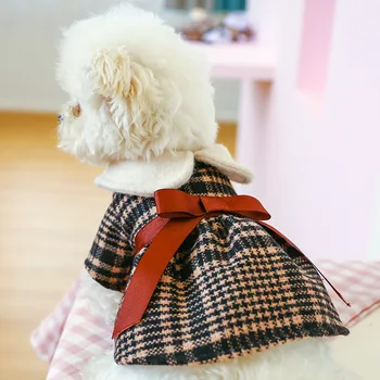 2021 Tartan Quente Princesa Cão Roupas Aluno Boneca Gola Bowknot Verificada a Lã do Vestido para Cães Cão Vestido