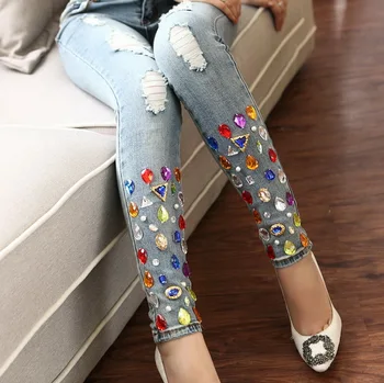 2022 Nova Primavera, Outono, Moda de Diamante Namorado Vintage Mulheres Buraco Jeans Feminina Skinny Stretch Jean Vintage Lápis calças de Senhoras