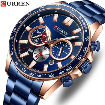 CURREN Novo Desporto Cronógrafo pulseira de Aço Inoxidável Relógios de Marca de Moda Quartzo Homens Relógios com ponteiros Luminosos 8418