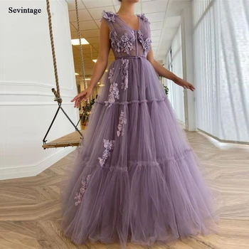 Sevintage Elegante Lavanda em Camadas de Tule Longos Vestidos de Baile 2021 Uma Linha Equipado Desossa Flores em 3D Chão Comprimento de Vestidos de Noite