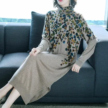 2022 Outono Maxi Vestido De Inverno Vintage Casual Gola De Lã Camisola De Mulher Elegante Bodycon Tricô Quente Blusas Longas