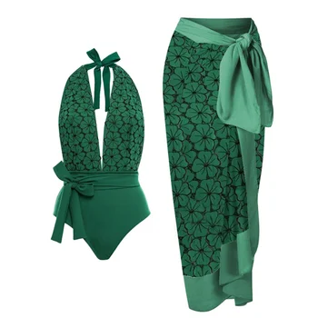 Verde da forma de Pétala de Empate Maiôs Halter Sexy v Profundo trajes de Banho Laço Até Slim Biquínis Femininos de Verão, roupas de Praia sem encosto