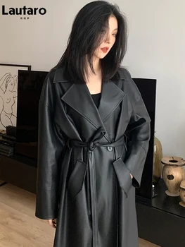 Lautaro Primavera, Outono Longo Oversized Preto de Couro, Trench Coat para as Mulheres Folhas Único Botão Solto Elegante coreano Moda 2021