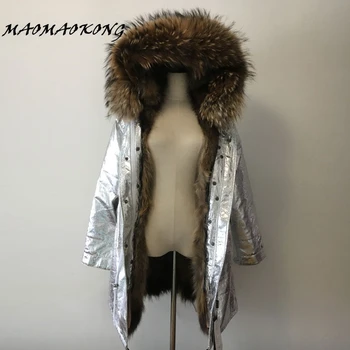 2017 longo casaco de inverno mulheres outwear grosso parkas raccoon natural fur real gola de casaco com capuz quente genuíno Raccoon Pele forro