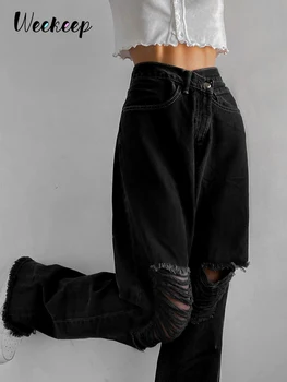 Weekeep Nova Moda Furos de Cintura Alta Jeans Femme Pantalon 90 Vintage Streetwear Solta coreano Calças Corredores de Mulheres de Jeans, Calças