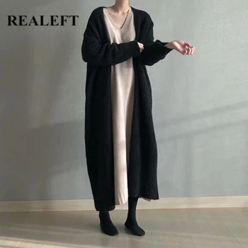 REALEFT 2021 Inverno Mulheres Cardigan Suéter Casaco Longo da Moda Cor Sólida Casual Manga Longa de Malha Longo Outwear Feminino