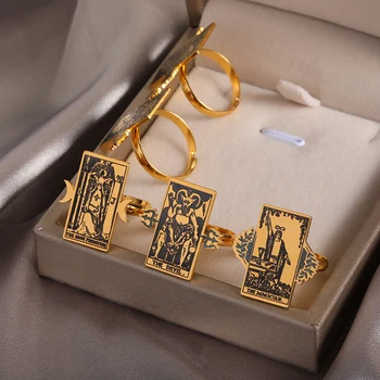 Vintage Cartas De Tarô, Anéis De Aço Inoxidável Esoterismo Anéis De Dedo Quadrado Geométrico Jóias Charme Presentes Para Amigos