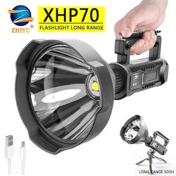 Potente Lanterna LED Portátil XHP70 Lanterna Holofote Recarregável USB Impermeável Holofotes com Base Pesca Lanterna Luz
