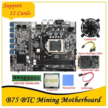 B75 BTC Mineração placa-Mãe 12 PCIE USB LGA1155 MSATA SSD de 128 G+8GB DDR3 1600 mhz RAM+6Pin Para Dupla Cabo 8Pin B75 de Mineração