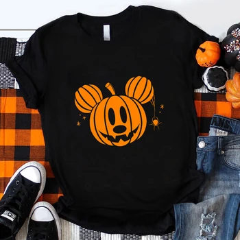 Engraçado Mickey Mouse Impressão de Abóbora de Halloween T-shirt Preta Hipster Tendência Disney Mulheres Roupas de Streetwear Harajuku Queda Casual