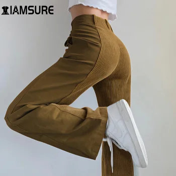 IAMSURE de Veludo, Calças de Cintura Alta Vintage coreano Grande Perna de Calça Elegante de Retalhos de Algodão Solto Streetwear Novo 2020 Mulheres de Outono
