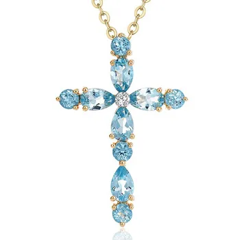 Aquamarine pedras preciosas cruz pingente de colar para mulheres de cristal azul ouro 18k cor corrente gargantilha jóias bijoux de luxo de acessórios