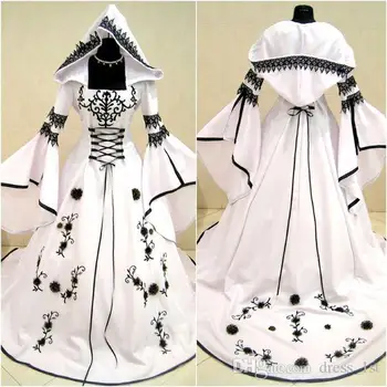Renascimento Medieval Vintage Preto E Branco Vestidos de Noiva de Manga Longa, Bordado Lace Lace-up de Volta Gótico vestido de Noiva