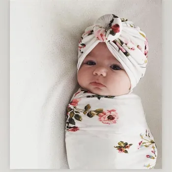 Bebê Recém-Nascido Chapéu, Turbante De Algodão Gorro Infantil Bebê Swaddle Cobertor Do Menino Menina Floral Bebê Envoltório