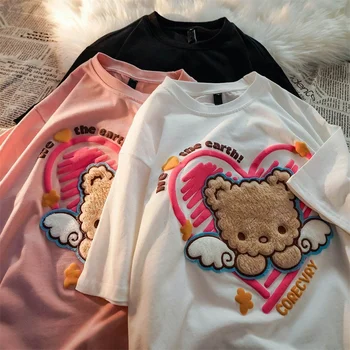 A Base de sais de formação de Espuma do Amor Impressão de Pelúcia Urso de Manga Curta t-Shirt Feminina Harajuku Casual Bonito de grandes dimensões Solta Novas Ins-Shirt