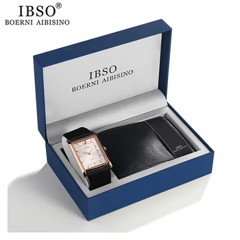 IBSO Marca os Homens de Quartzo Carteira Assistir Conjunto de 7 milímetros Ultra-fino Retângulo de Discagem Quartzo relógio de Pulso Pulseira de Couro Genuíno Watch Gift Set