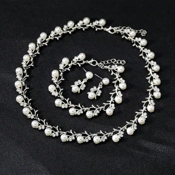 Elegante Pérola de Cristal Nupcial Conjuntos de Jóias Colar, Bracelete, Brincos De 3 Peças/Set para as Mulheres do Casamento Conjunto de Acessórios de Noiva